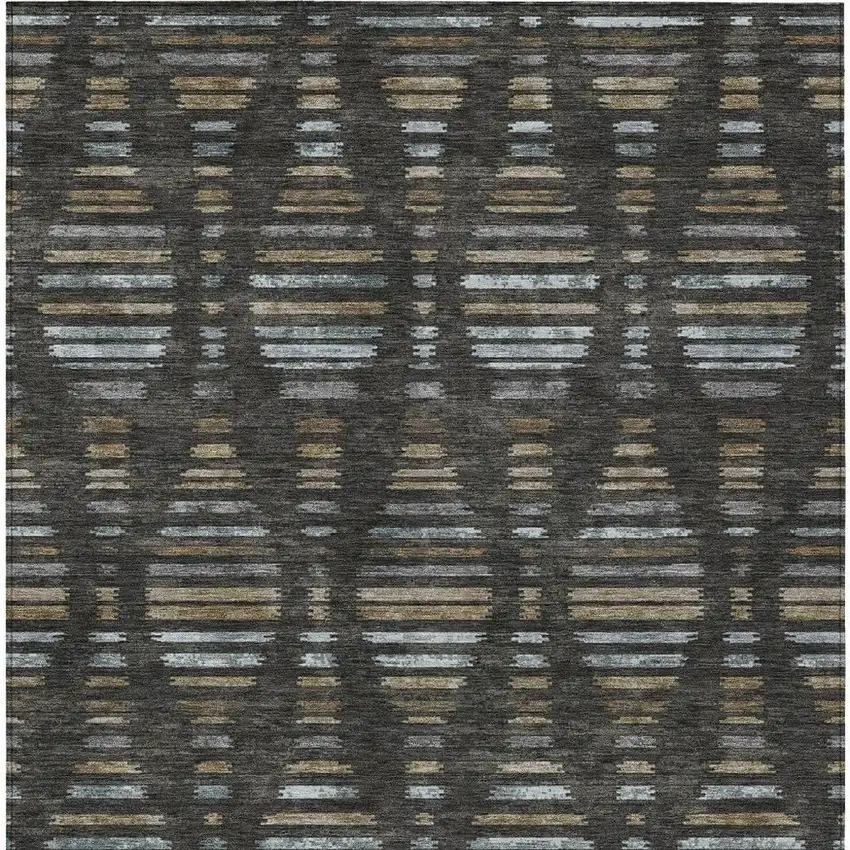 Coffee And Gray Striped Washable Indoor Outdoor Area Rug Photo 9