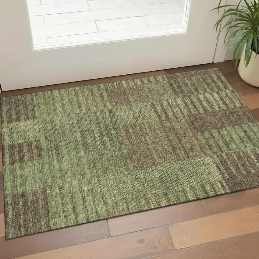 Coffee And Green Striped Washable Area Rug With UV Protection Photo 1