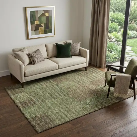 Coffee And Green Striped Washable Area Rug With UV Protection Photo 1
