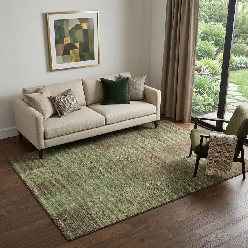 Coffee And Green Striped Washable Area Rug With UV Protection Photo 1