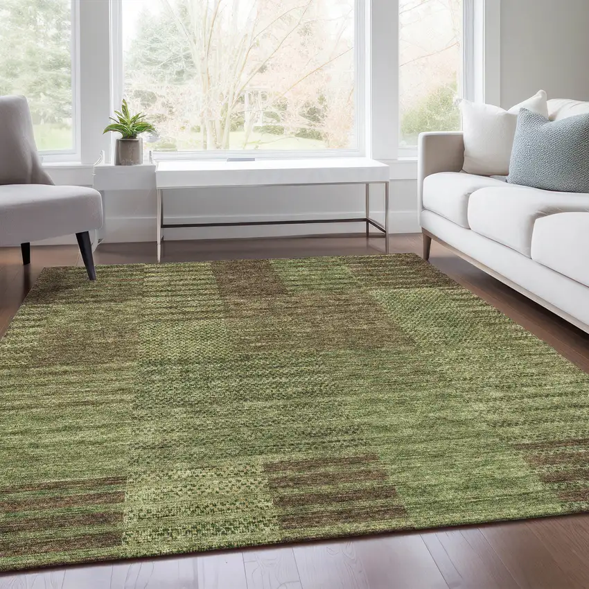 Coffee And Green Striped Washable Area Rug With UV Protection Photo 5