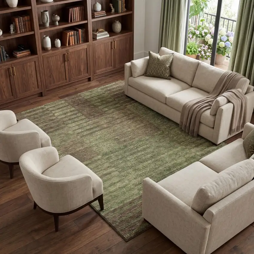 Coffee And Green Striped Washable Area Rug With UV Protection Photo 1