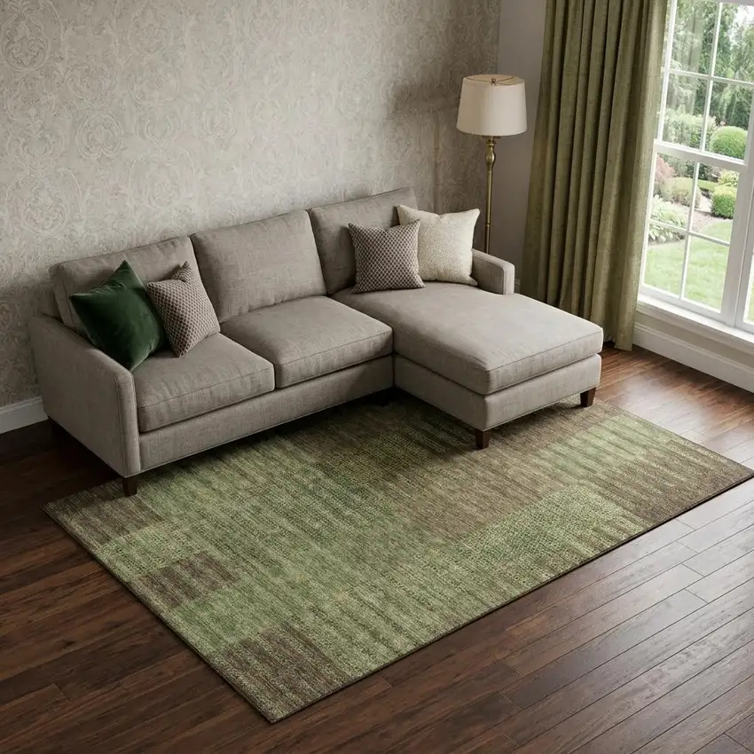 Coffee And Green Striped Washable Area Rug With UV Protection Photo 1