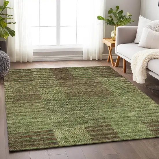 Coffee And Green Striped Washable Area Rug With UV Protection Photo 4