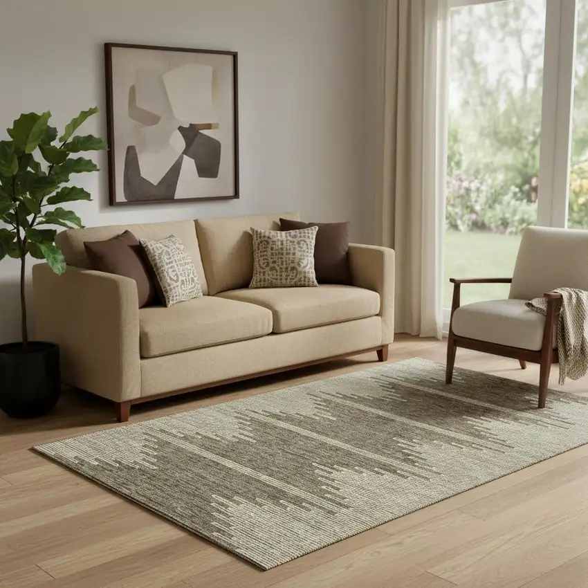 Coffee And Ivory Abstract Washable Area Rug With UV Protection Photo 1