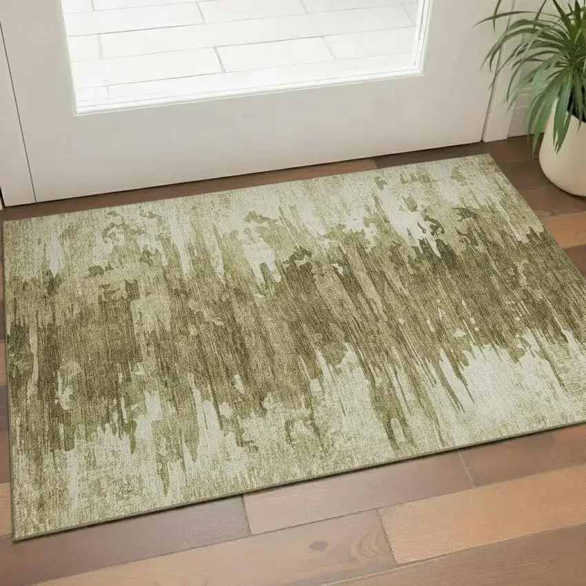 Coffee And Ivory Abstract Washable Area Rug With UV Protection Photo 1