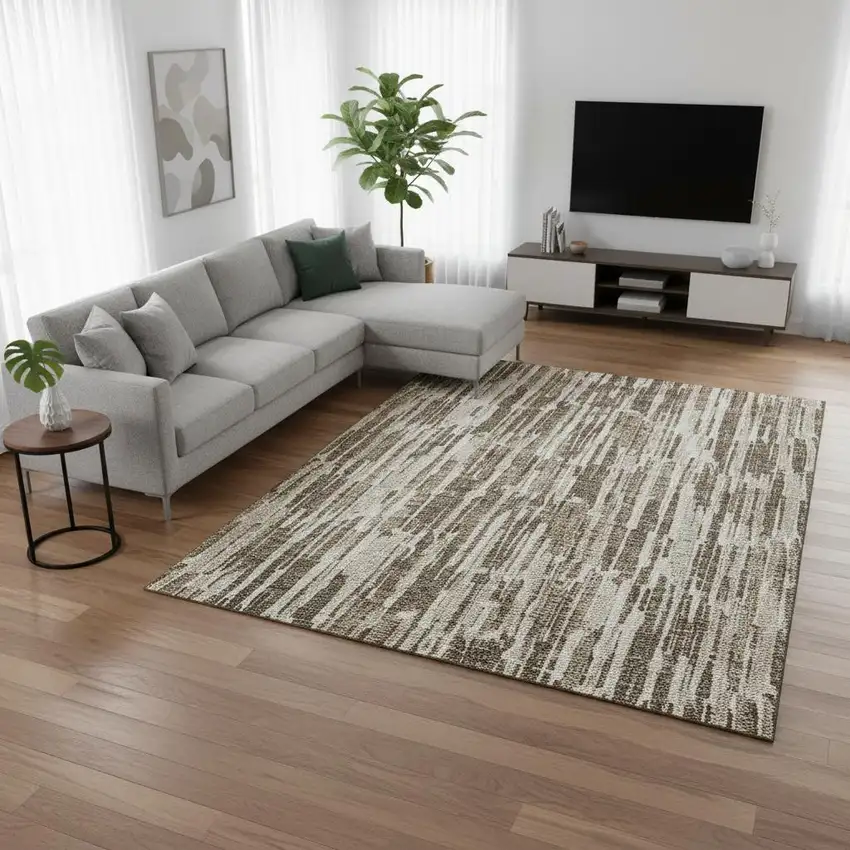Coffee And Ivory Abstract Washable Area Rug With UV Protection Photo 2