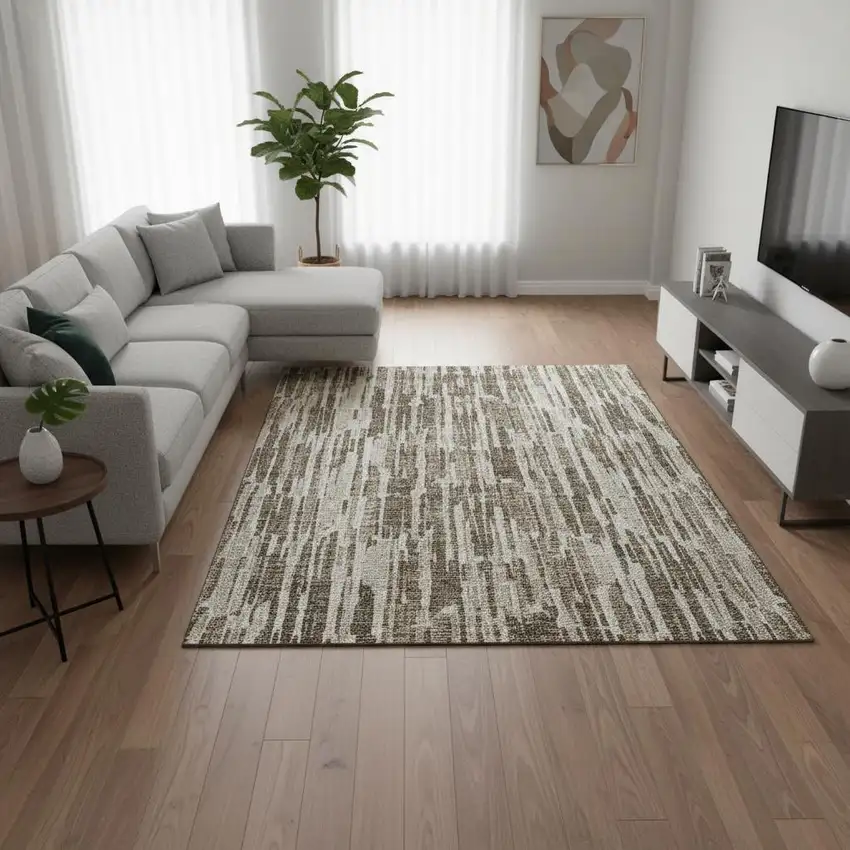 Coffee And Ivory Abstract Washable Area Rug With UV Protection Photo 2