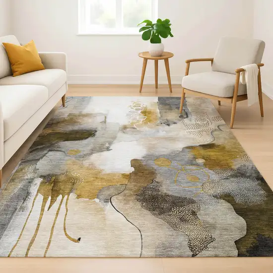 Coffee And Ivory Abstract Washable Area Rug With UV Protection Photo 6