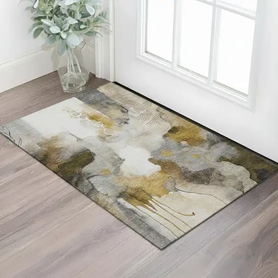 Coffee And Ivory Abstract Washable Area Rug With UV Protection Photo 2