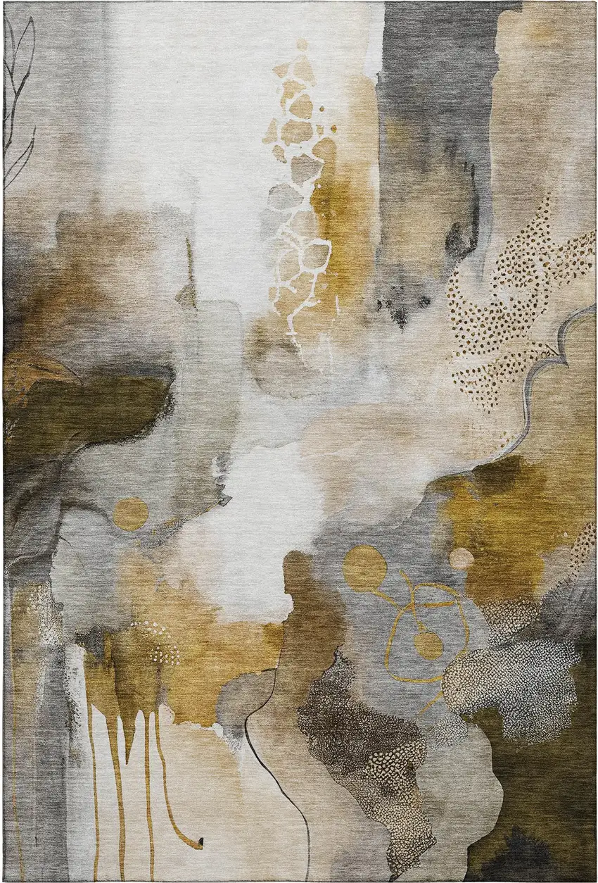 Coffee And Ivory Abstract Washable Area Rug With UV Protection Photo 1