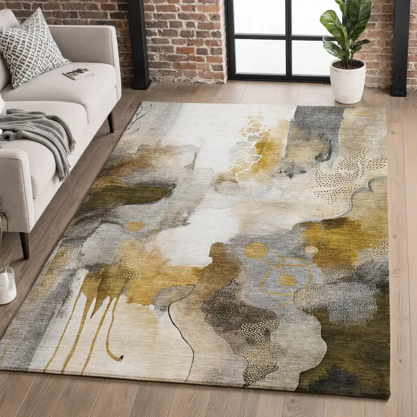 Coffee And Ivory Abstract Washable Area Rug With UV Protection Photo 5