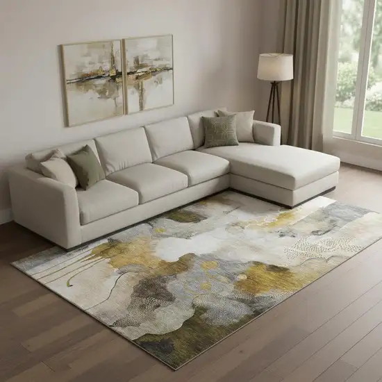 Coffee And Ivory Abstract Washable Area Rug With UV Protection Photo 2