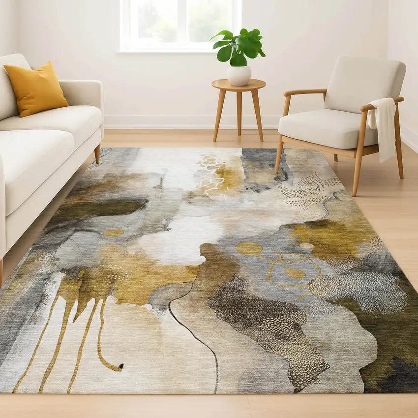 Coffee And Ivory Abstract Washable Area Rug With UV Protection Photo 6