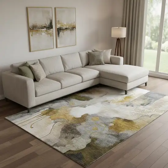 Coffee And Ivory Abstract Washable Area Rug With UV Protection Photo 2