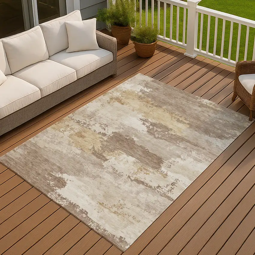 Coffee And Ivory Abstract Washable Indoor Outdoor Area Rug Photo 4