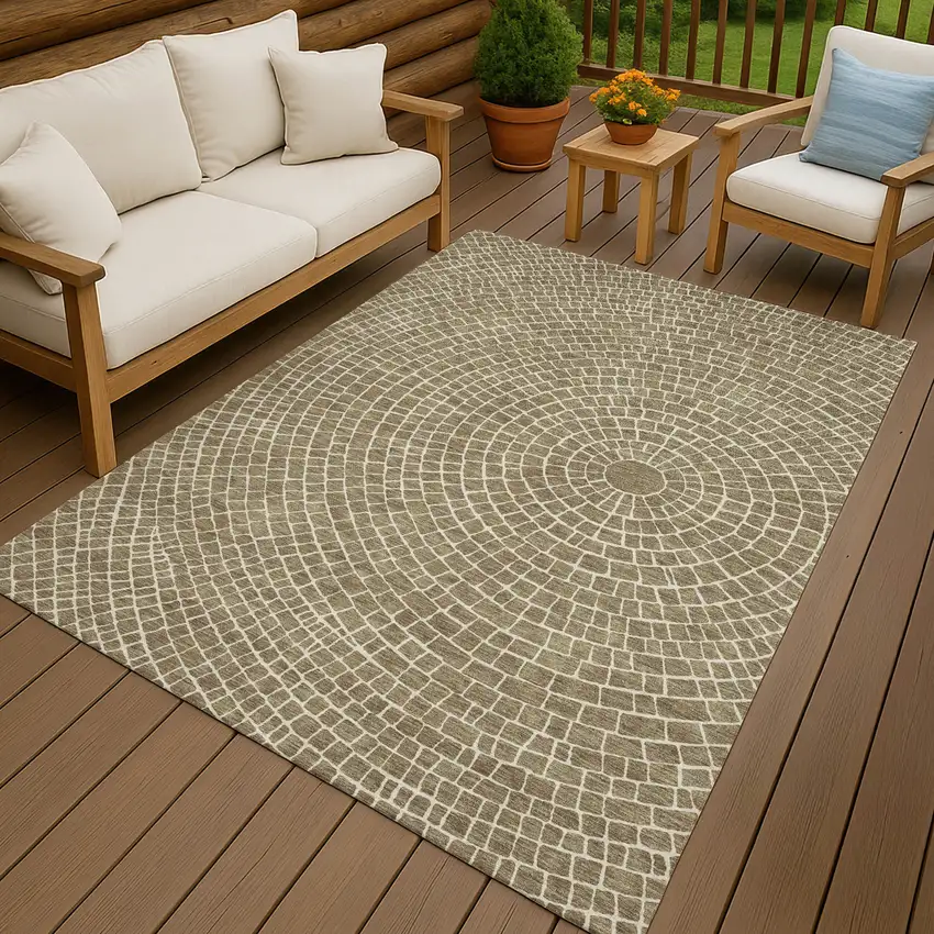 Coffee And Ivory Geometric Washable Indoor Outdoor Area Rug Photo 3