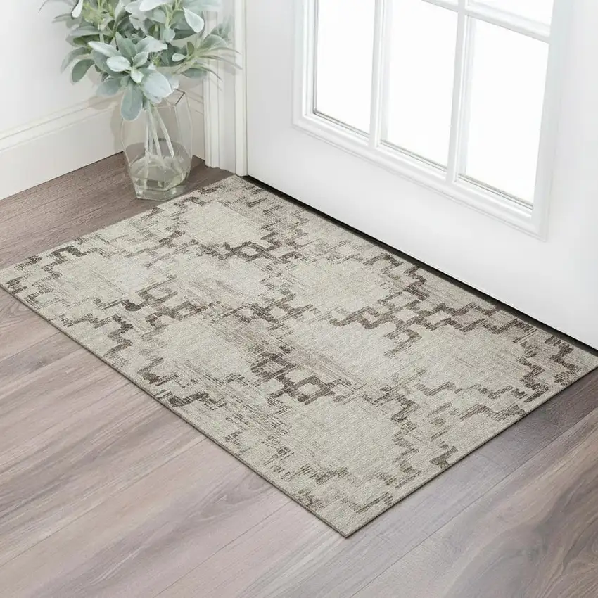 Coffee And Ivory Tribal Washable Area Rug With UV Protection Photo 1