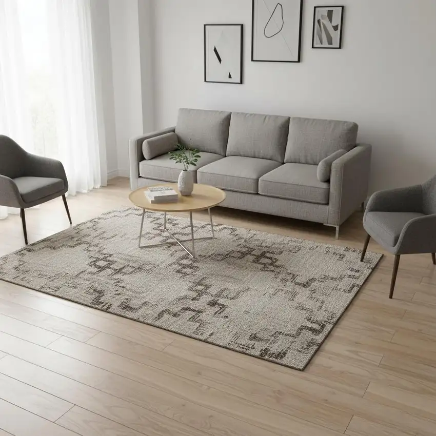 Coffee And Ivory Tribal Washable Area Rug With UV Protection Photo 1