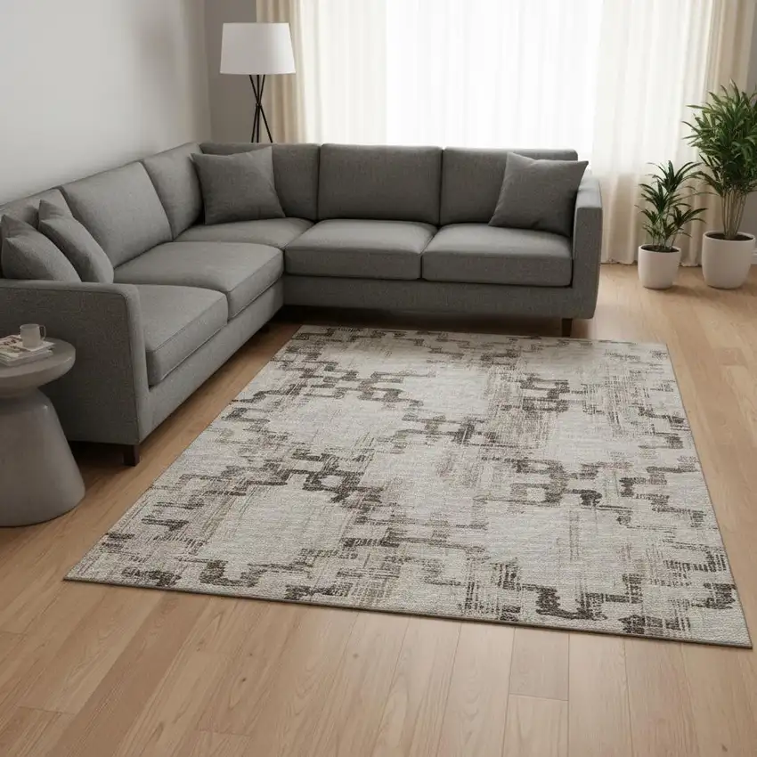 Coffee And Ivory Tribal Washable Area Rug With UV Protection Photo 1