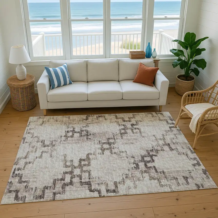 Coffee And Ivory Tribal Washable Area Rug With UV Protection Photo 5