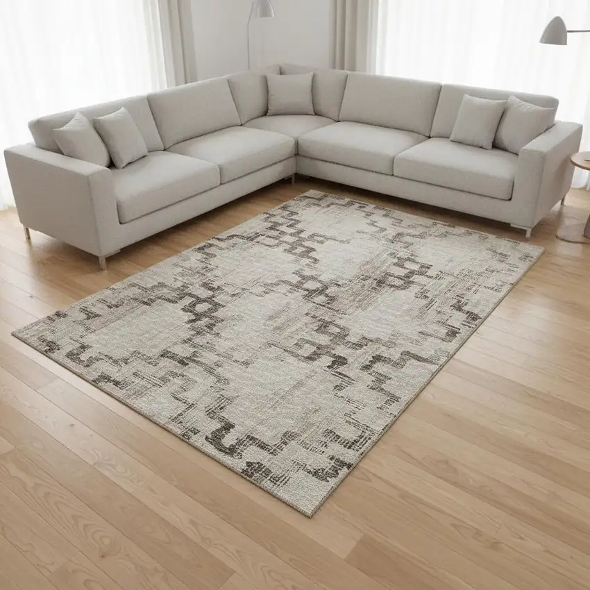 Coffee And Ivory Tribal Washable Area Rug With UV Protection Photo 1