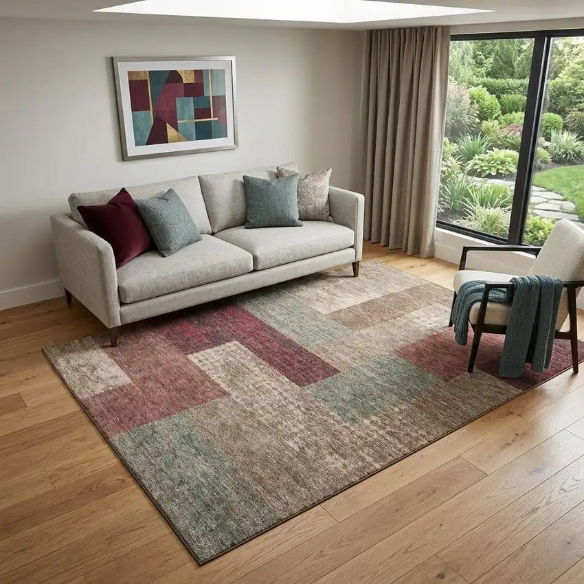Coffee And Merlot Geometric Washable Area Rug With UV Protection Photo 1