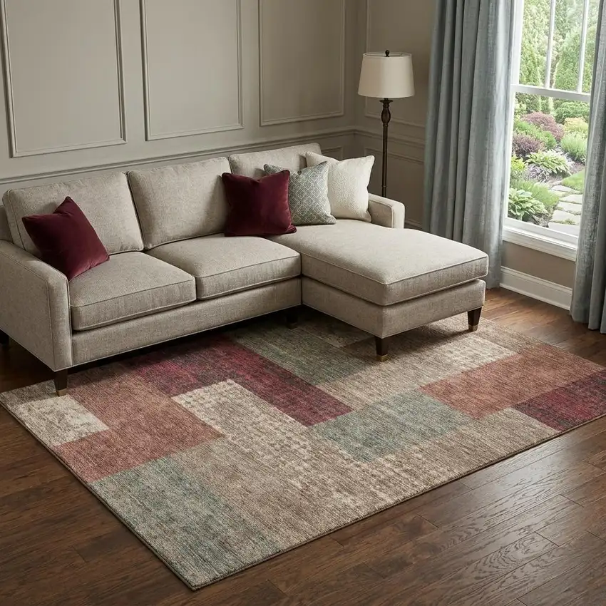 Coffee And Merlot Geometric Washable Area Rug With UV Protection Photo 1
