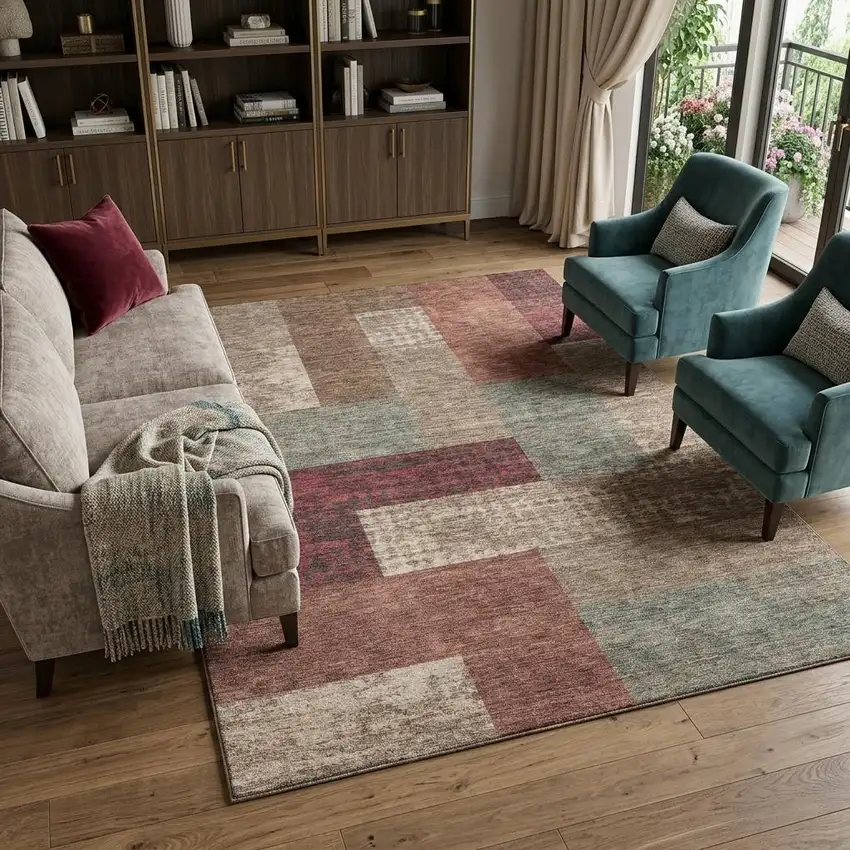 Coffee And Merlot Geometric Washable Area Rug With UV Protection Photo 1