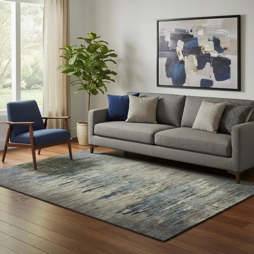 Coffee And Navy Blue Abstract Washable Area Rug With UV Protection Photo 2