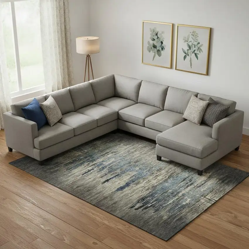 Coffee And Navy Blue Abstract Washable Area Rug With UV Protection Photo 2