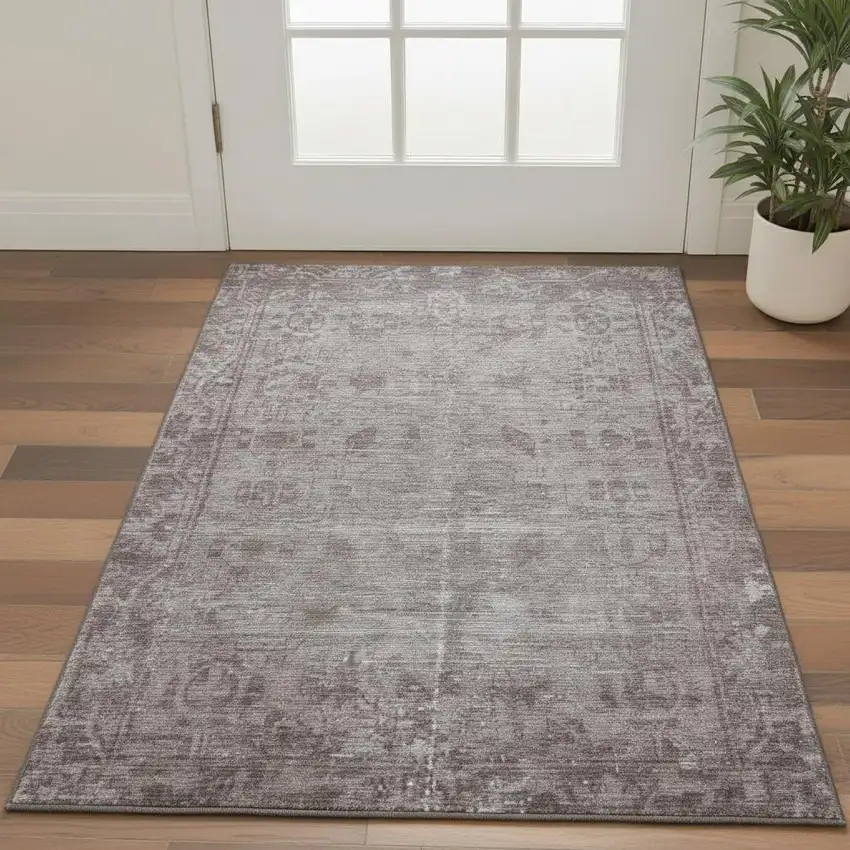 Coffee And Silver Oriental Washable Area Rug With UV Protection Photo 2