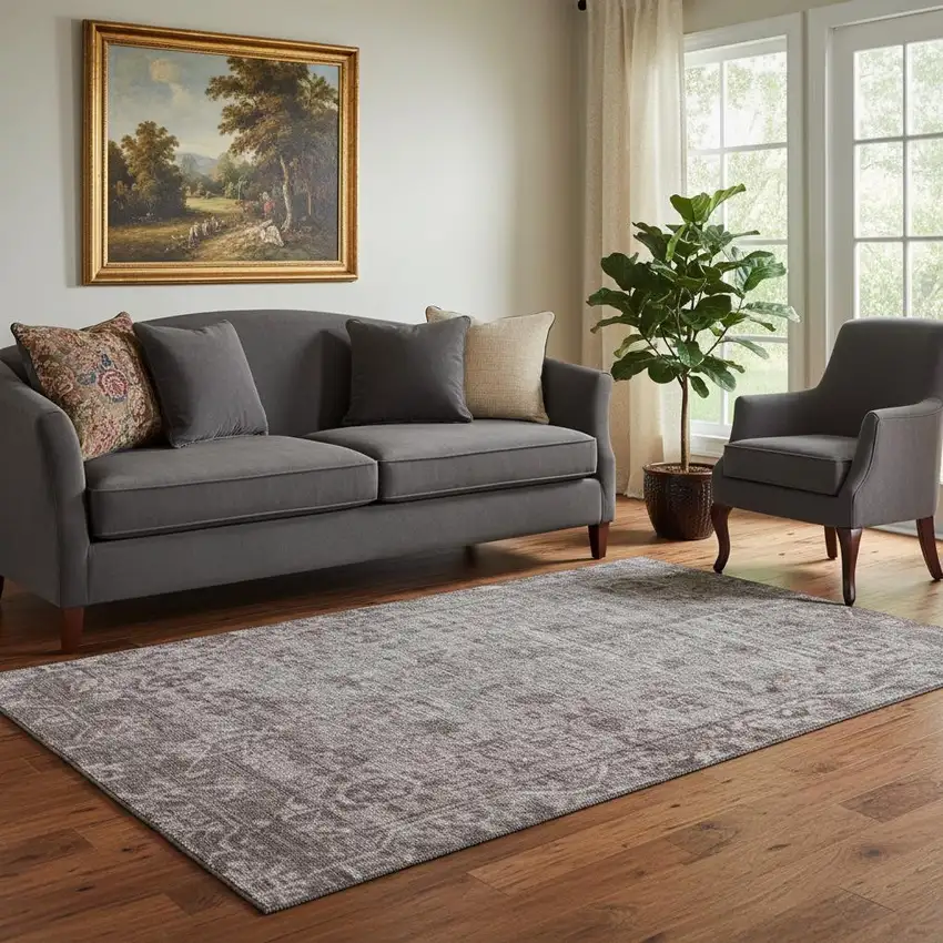 Coffee And Silver Oriental Washable Area Rug With UV Protection Photo 2