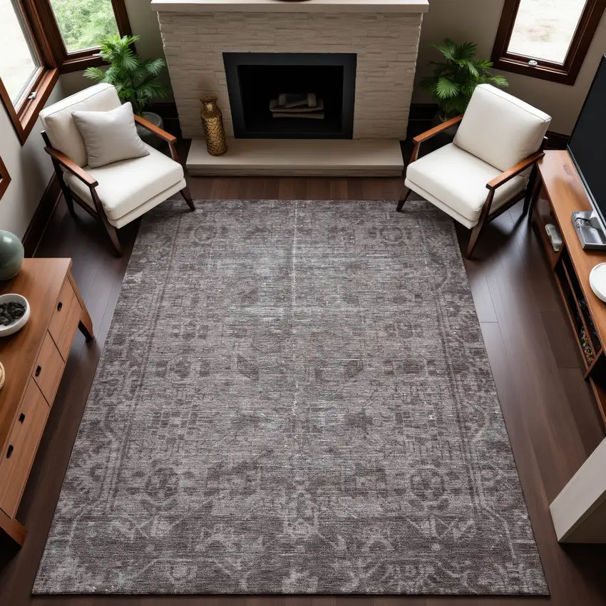 Coffee And Silver Oriental Washable Area Rug With UV Protection Photo 5