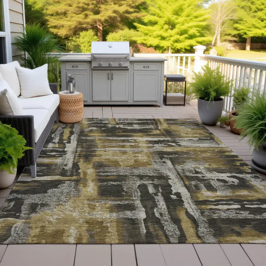 Coffee And Taupe Abstract Washable Indoor Outdoor Area Rug Photo 8