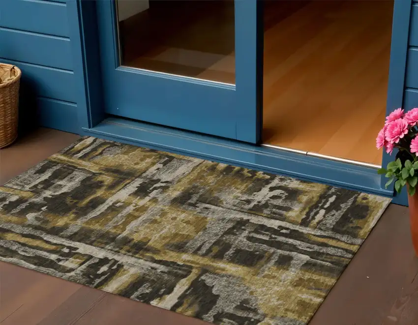 Coffee And Taupe Abstract Washable Indoor Outdoor Area Rug Photo 2