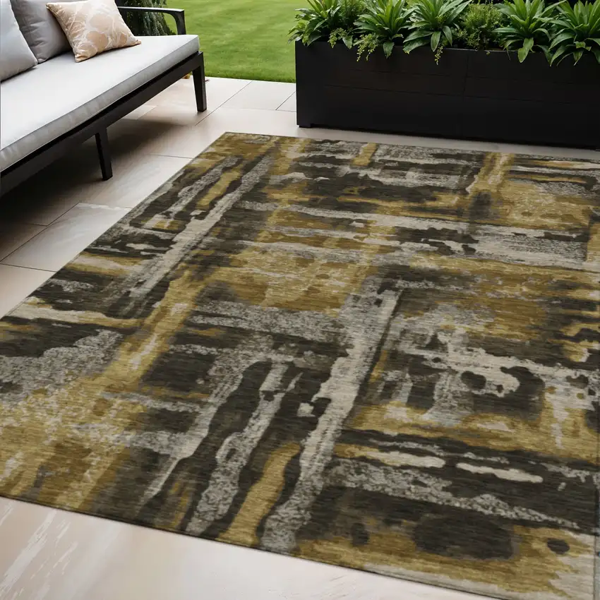 Coffee And Taupe Abstract Washable Indoor Outdoor Area Rug Photo 2
