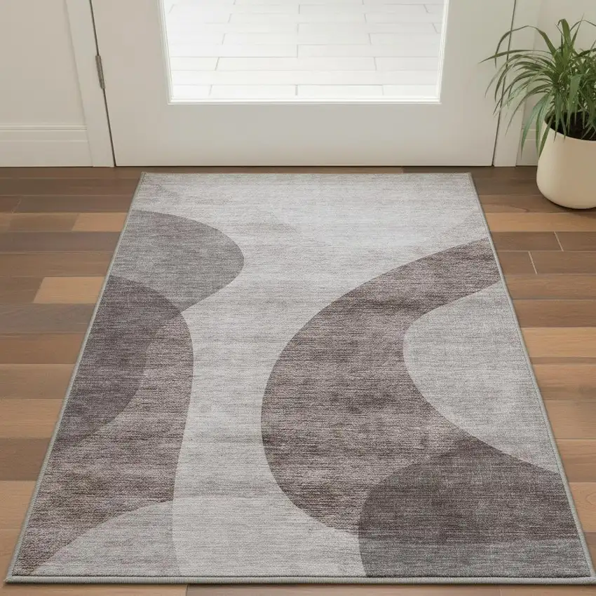 Coffee And Taupe Geometric Washable Area Rug With UV Protection Photo 2