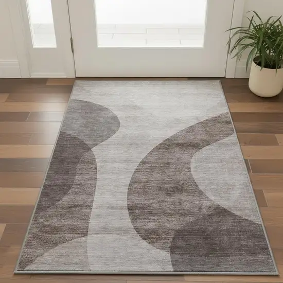 Coffee And Taupe Geometric Washable Area Rug With UV Protection Photo 3