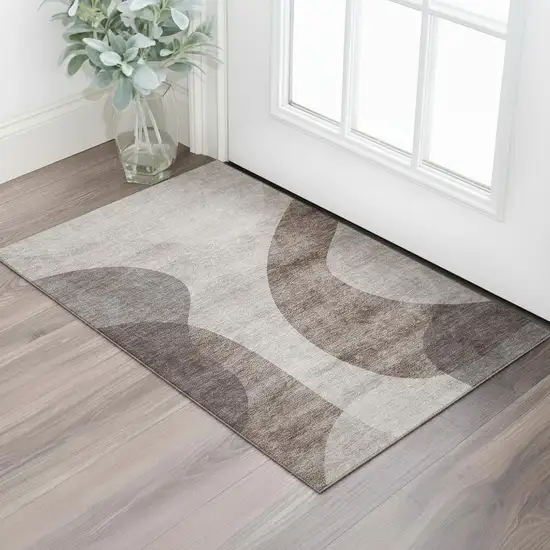 Coffee And Taupe Geometric Washable Area Rug With UV Protection Photo 1