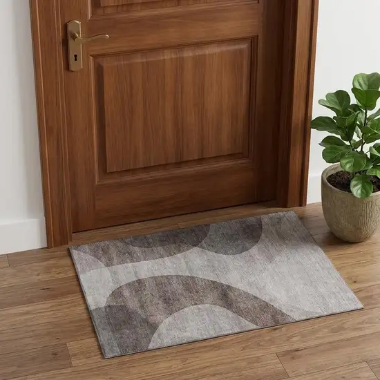 Coffee And Taupe Geometric Washable Area Rug With UV Protection Photo 1