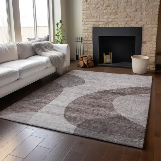 Coffee And Taupe Geometric Washable Area Rug With UV Protection Photo 6