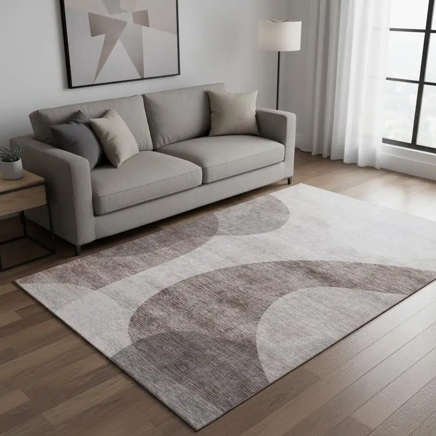 Coffee And Taupe Geometric Washable Area Rug With UV Protection Photo 1
