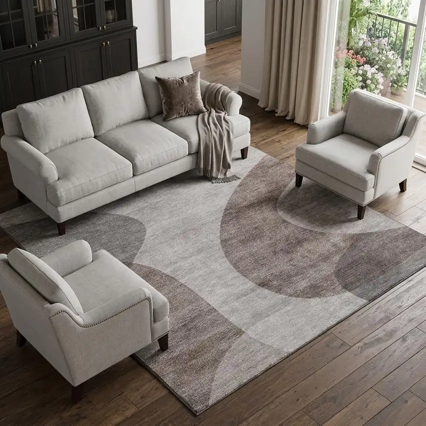 Coffee And Taupe Geometric Washable Area Rug With UV Protection Photo 1