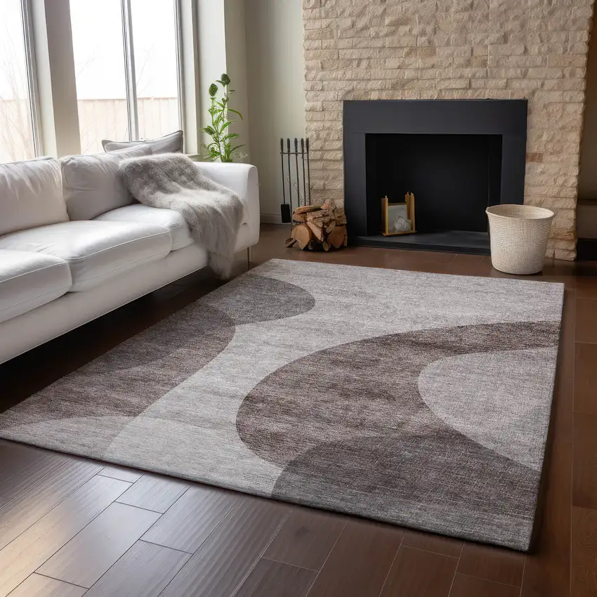 Coffee And Taupe Geometric Washable Area Rug With UV Protection Photo 5
