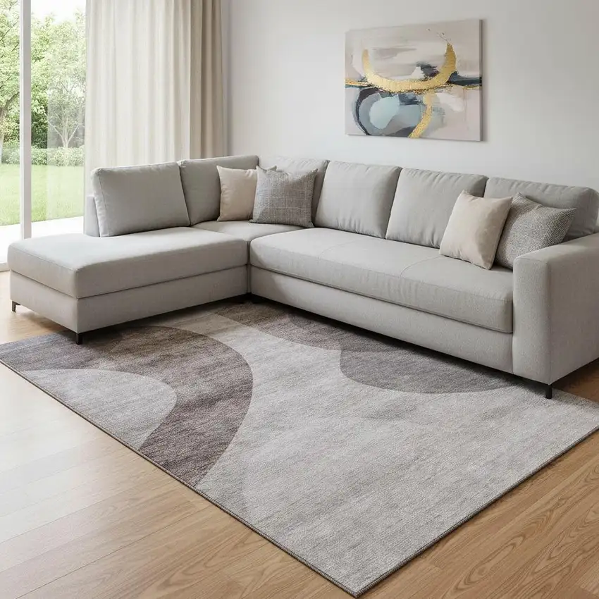 Coffee And Taupe Geometric Washable Area Rug With UV Protection Photo 1