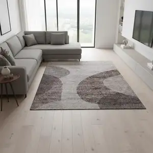 Photo of Coffee And Taupe Geometric Washable Area Rug With UV Protection