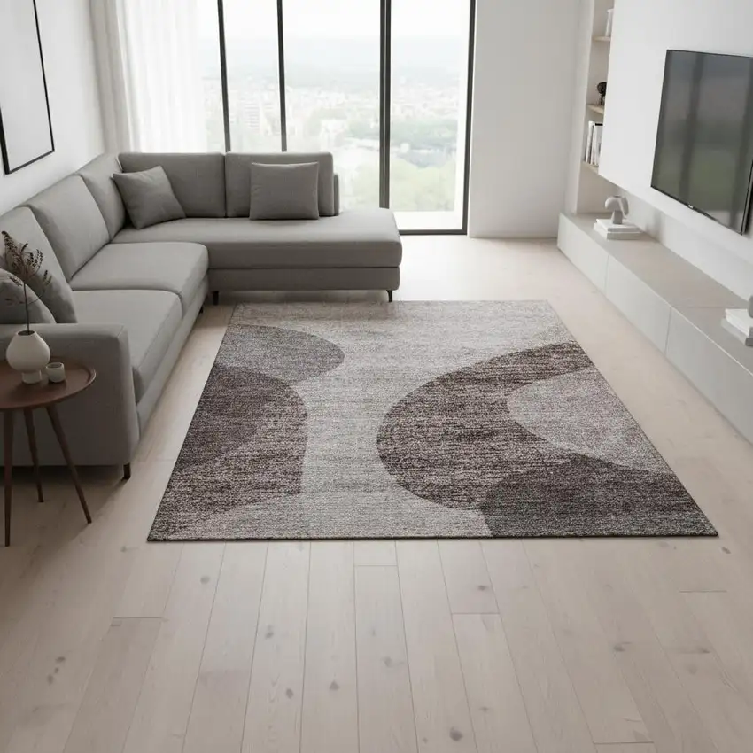 Coffee And Taupe Geometric Washable Area Rug With UV Protection Photo 1