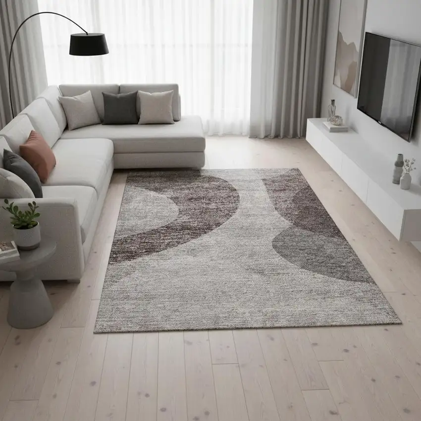 Coffee And Taupe Geometric Washable Area Rug With UV Protection Photo 3