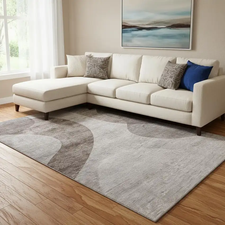 Coffee And Taupe Geometric Washable Area Rug With UV Protection Photo 1